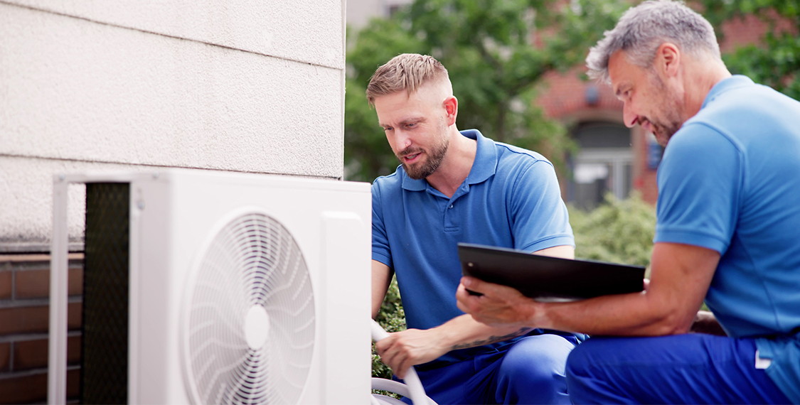 Two technicians evaluating a HVAC unit